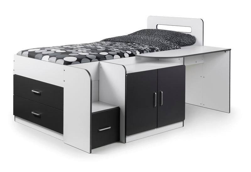 Charcoal and White Sleek Matt Finish Cabin Bed Includes Desk Drawers Cupboard