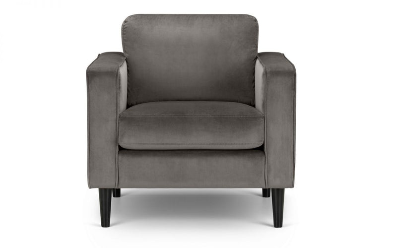 Elegant Grey Velvet Modern Padded Armchair With Black or Oak Legs Included