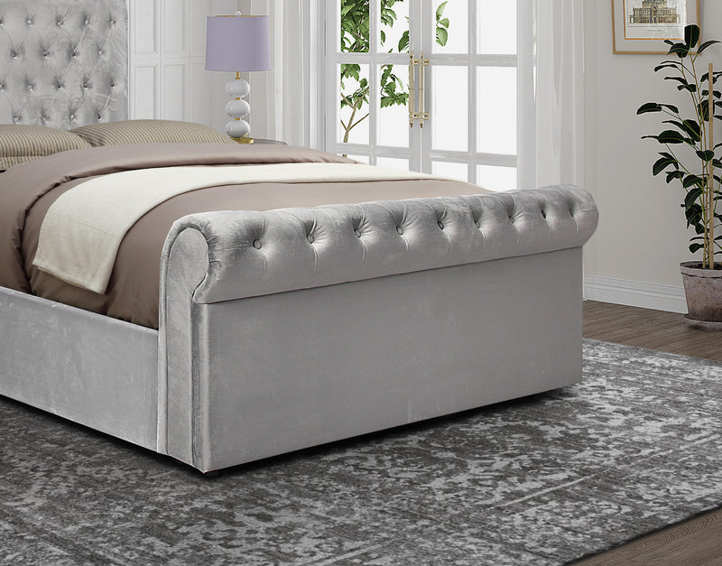 4ft6 5ft Stunning Suedette Grey Sleigh Bed Side Lift Storage + Fabric Buttons
