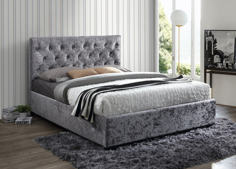 NEW Contemporary Grey Fabric or Steel Crushed Velvet Bedframe