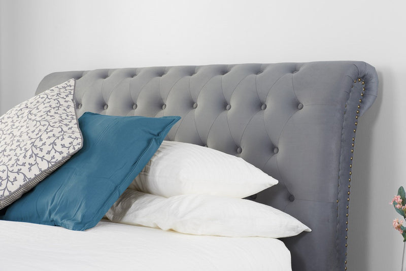 Luxurious Grey Velvet Opulence Chesterfield Sleigh Bed Frame