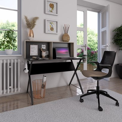 Home Office Workstation Black Framed Desk With Grey & Oak Hutch Shelving Unit