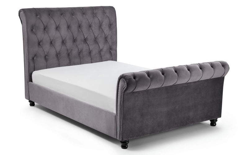 Glamorous Grey Velvet High Headboard Sleigh Bed Frame In 4FT6, 5FT OR 6FT