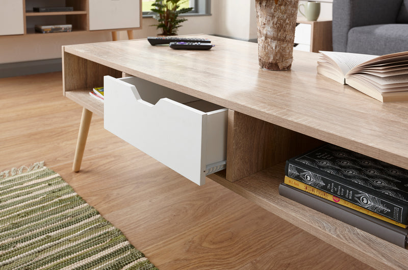 Retro-inspired Contemporary Coffee Table in White & Oak Colour Drawers Shelving