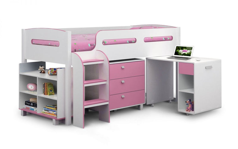 Kimbo Practical Cabin bed in Pink or Blue Includes Desk, Chest & Shelving Unit