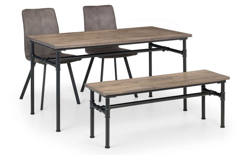 Industrial Carnegie Dining Table with Bench & 2 Monroe Grey Fabric Chairs