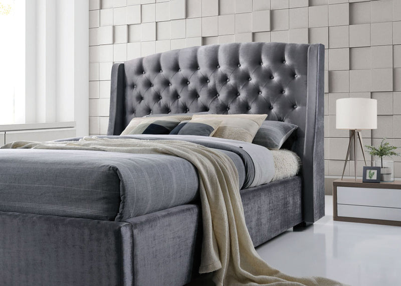 Luxury Grey Velvet Chesterfield Inspired Fabric Bed Double Or King