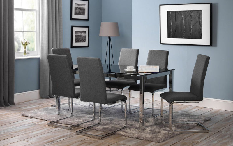 Sleek Slate Grey Linen Fabric Dining Chair With Chrome Cantilever Framed Legs