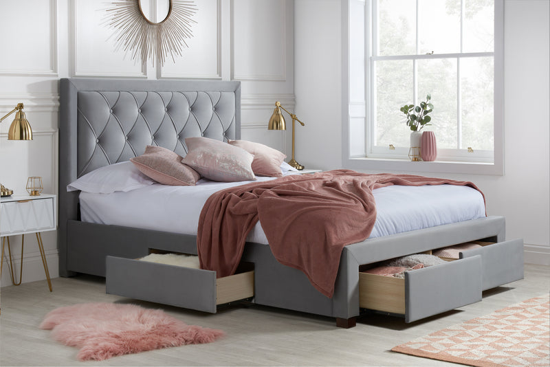 Luxurious Woodbury Tufted Grey Velvet Fabric Drawer Storage Bed Frame
