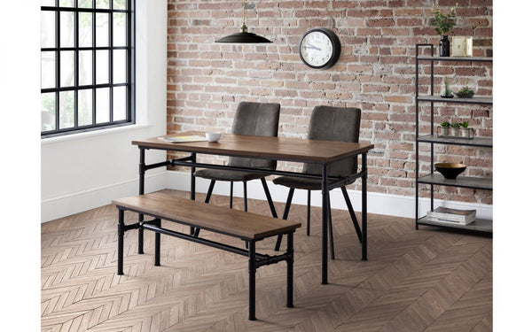 Industrial Carnegie Dining Table with Bench & 2 Monroe Grey Fabric Chairs