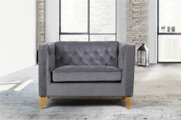 Traditional Snuggle Chair Grey Velvet Button Back Studded Finish