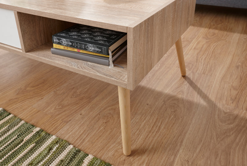 Retro-inspired Contemporary Coffee Table in White & Oak Colour Drawers Shelving