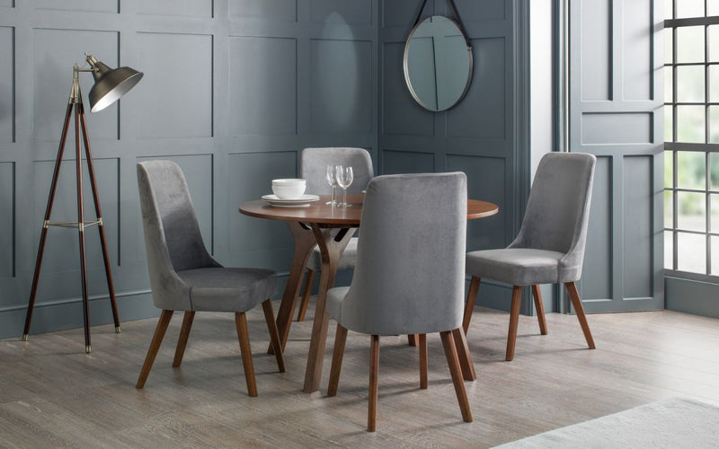Glamourous Curved Dusk Grey Fabric Dining Chair With Tapered Walnut Legs