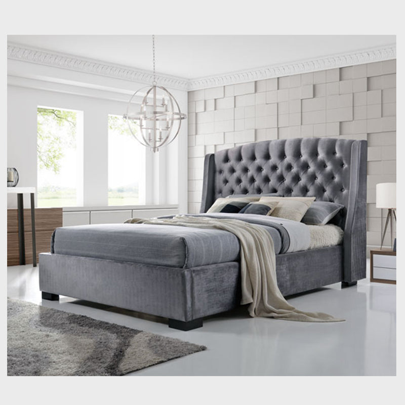 Stunning Velvet Grey Wing Back Brando Bed 4ft6 Double 5ft King Size