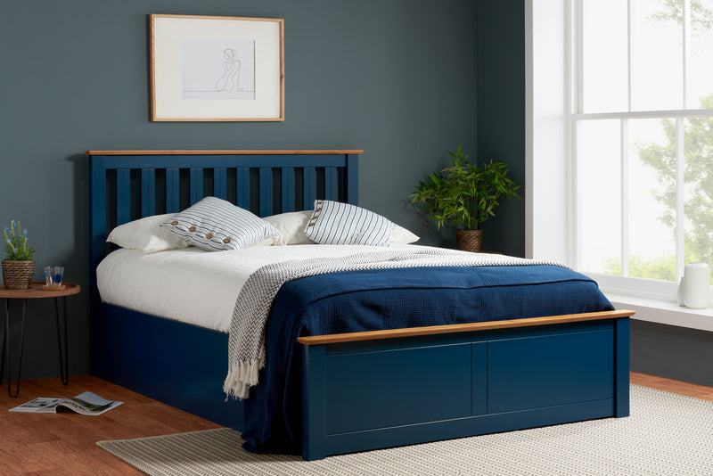 New Classy Phoenix Navy Blue Wooden Ottoman Storage Bed Frame