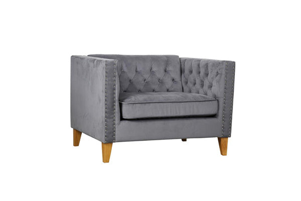 Modern Grey Velvet Buttoned Florence Fabric Snuggle Chair OR 2 Seat Sofa