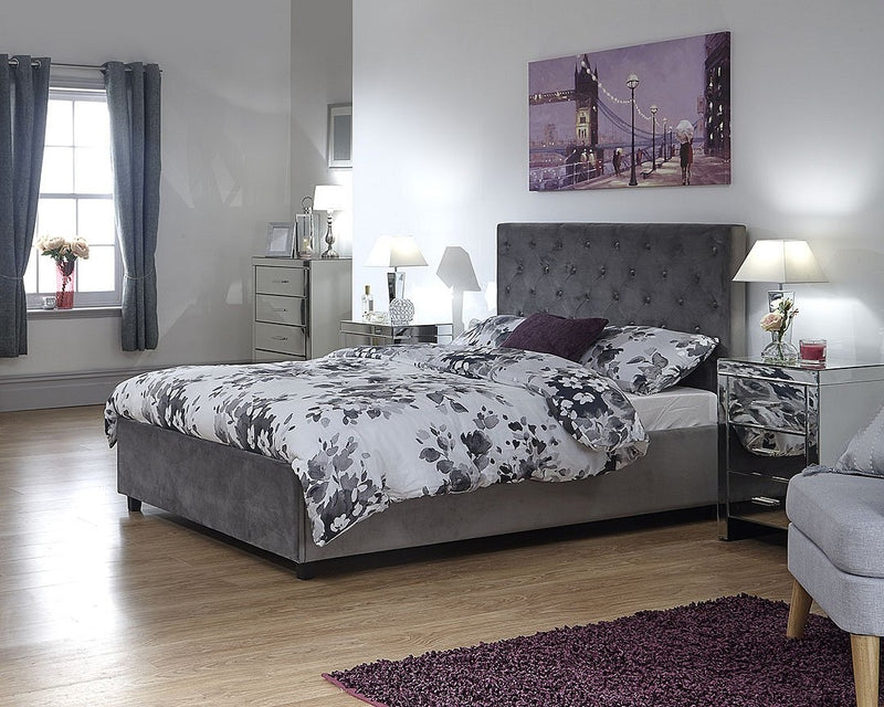 Elegant Utah Grey Soft Plush Velvet Ottoman Storage Bed Frame - In 2 Sizes