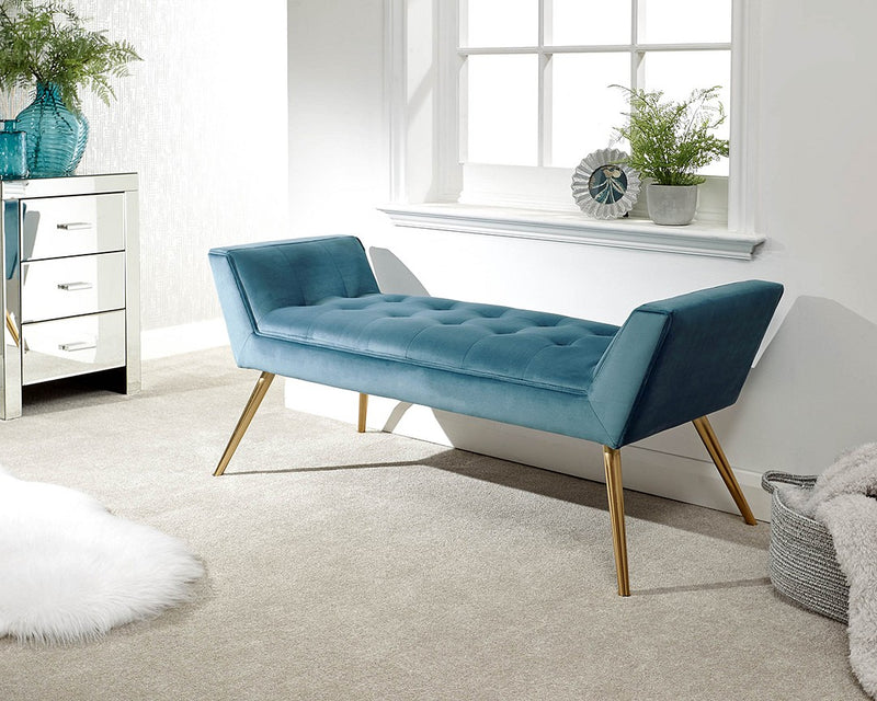 Classic Plush Velvet Turin Window Seat With Tapered Gold Metal Legs - In 3 Colours