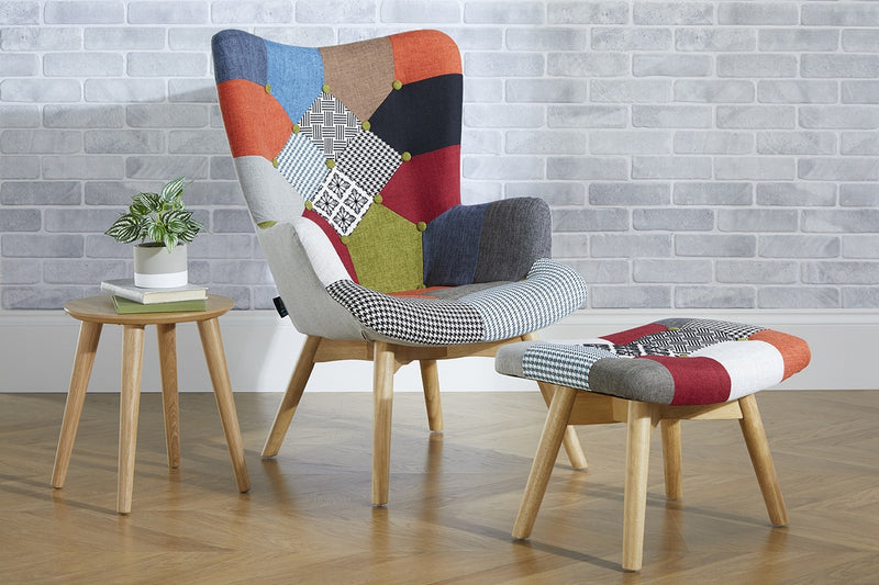 Colourful Upholstered Sloane Patched Armchair & Footstool