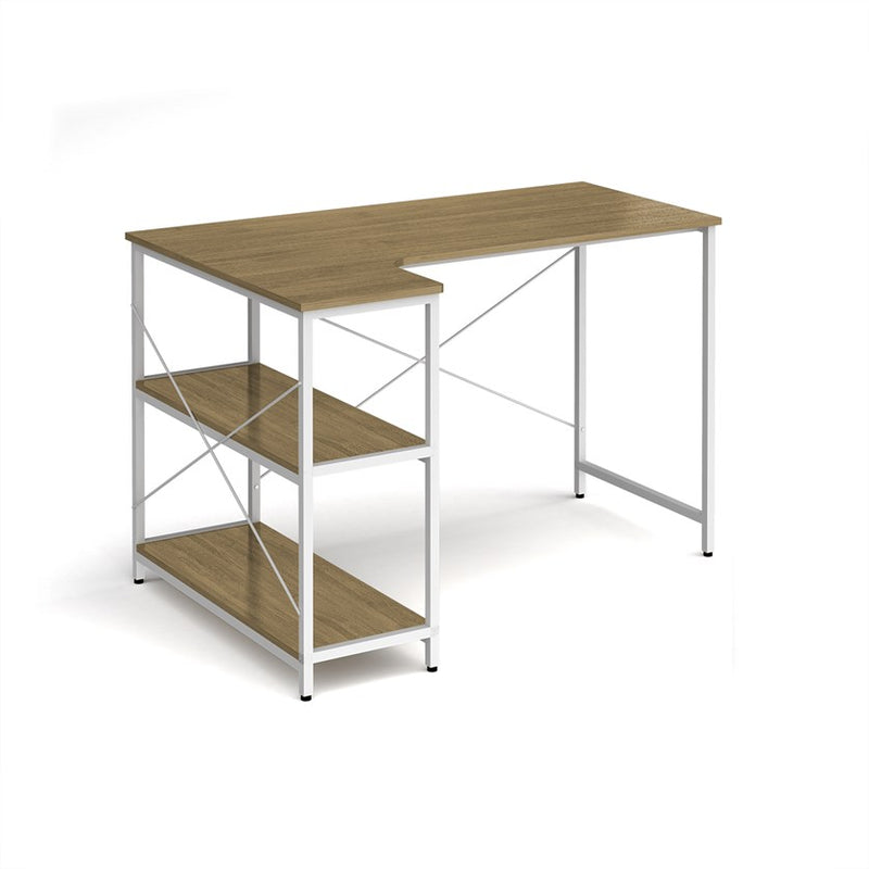 Smart Industrial Corner Desk Integrated Shelves Oak-Effect Table Top White