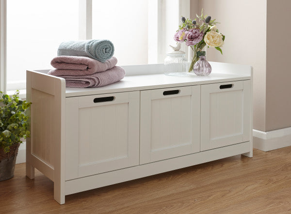 Colonial Tongue & Groove Wooden Bathroom 3 Door Storage Bench - Grey or White