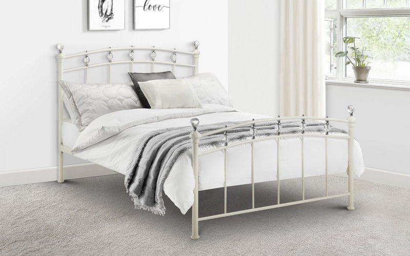 New Glamorous Stone White Metal Bed Frame With Crystal Finials 3FT, 4FT6 OR 5FT