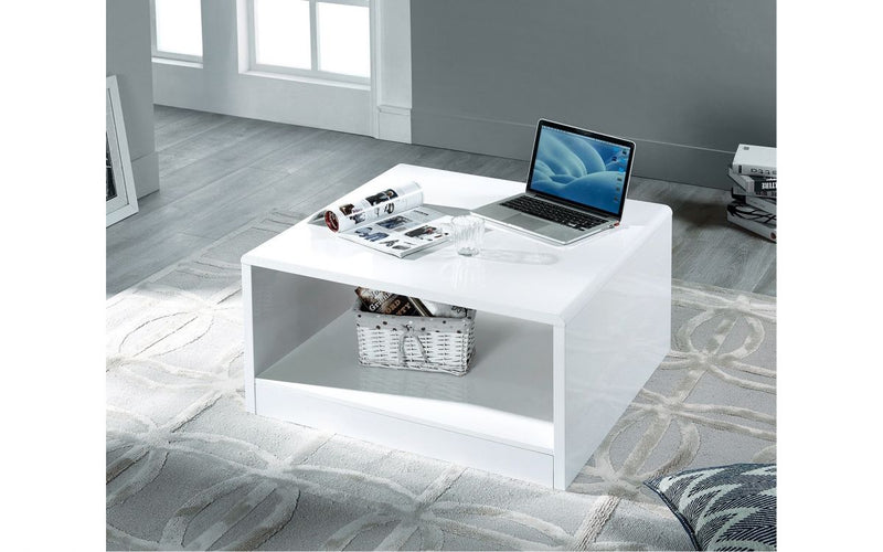 Contemporary Clean White High Gloss Square Coffee Table With a Practical Shelf