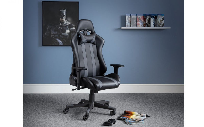 New Black Faux Leather Gaming Chair Fully Adjustable Arm Rest Head Pillow