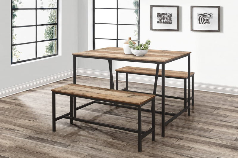 Industrial Dining Set Table and Two Benches Wood-Effect Metal Frame