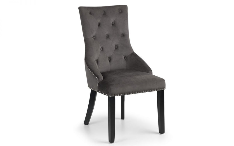 Luxurious Upholstered Soft Touch Grey Velvet Dining Chair With Ring Detail