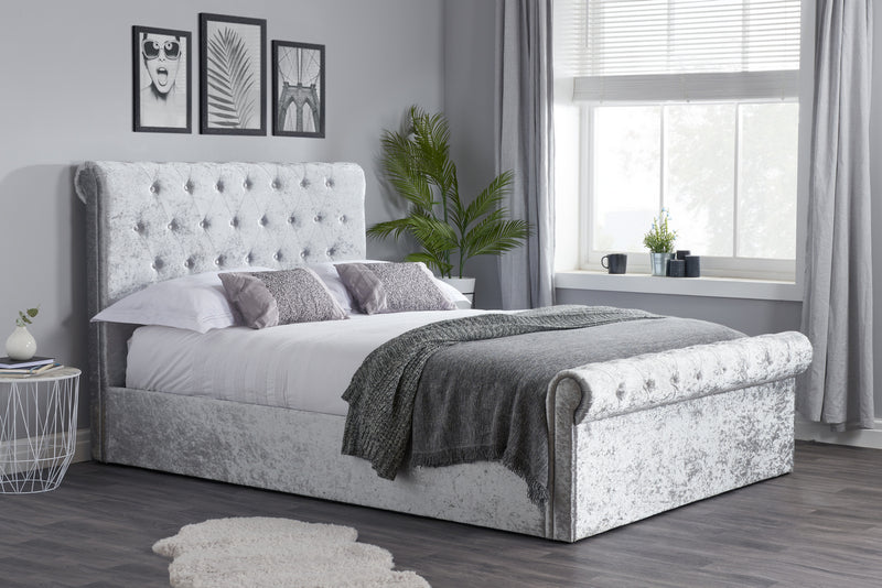 Stylish Sienna Side Ottoman Silver Crushed Velvet Fabric Bed Frame
