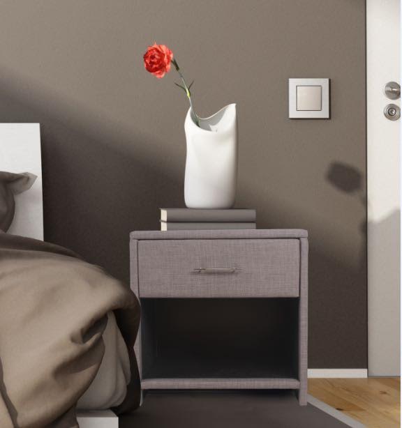PAIR Classic Grey Fabric Upholstered 1 Drawer Bedside Table
