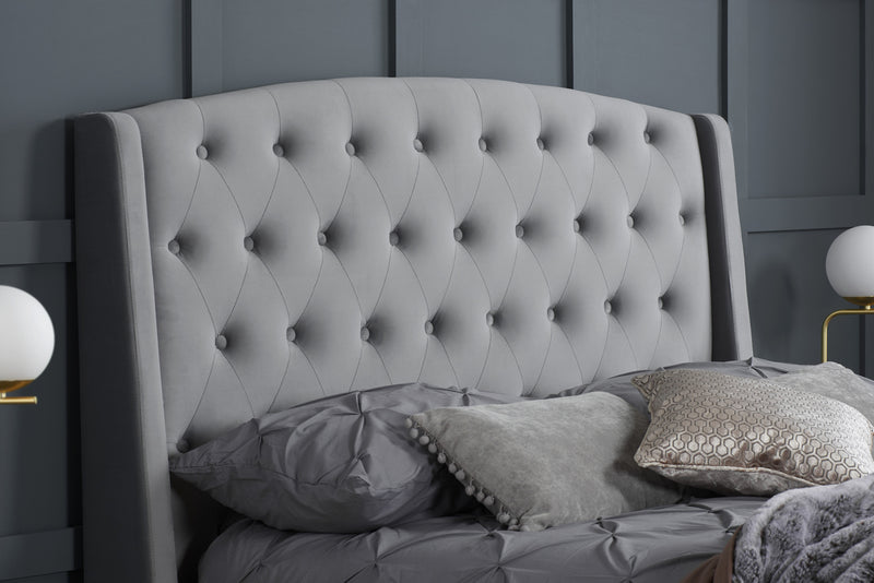 Luxurious Balmoral Grey Velvet Bed Wingback Headboard Double, King or Super King