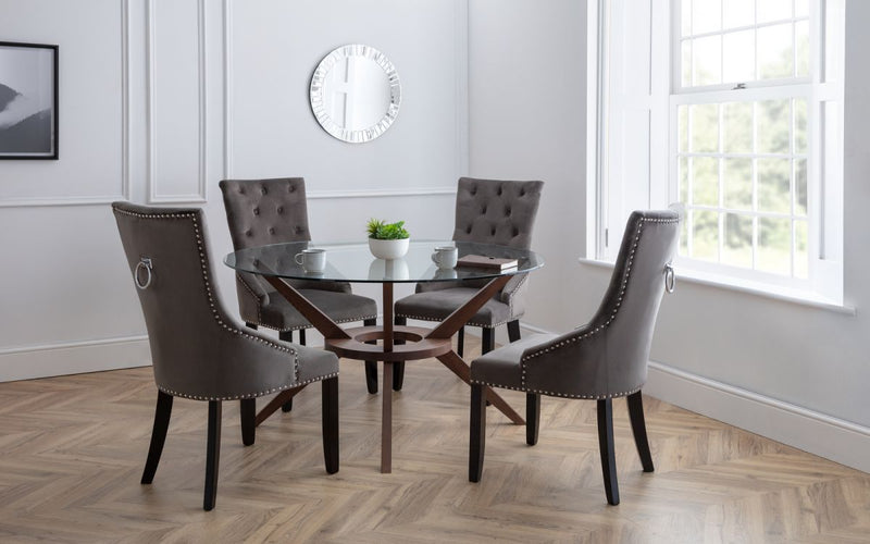 Luxurious Upholstered Soft Touch Grey Velvet Dining Chair With Ring Detail