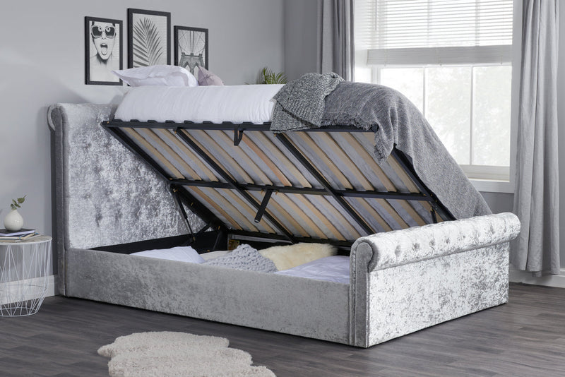Stylish Sienna Side Ottoman Silver Crushed Velvet Fabric Bed Frame
