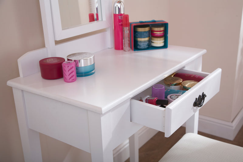 Contemporary Shaker Style White Painted Dressing Table Set with Mirror and Stool