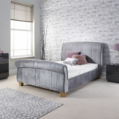 New Grey Velvet Fabric Double Sleigh Bed with Scroll Headboard and Footboard