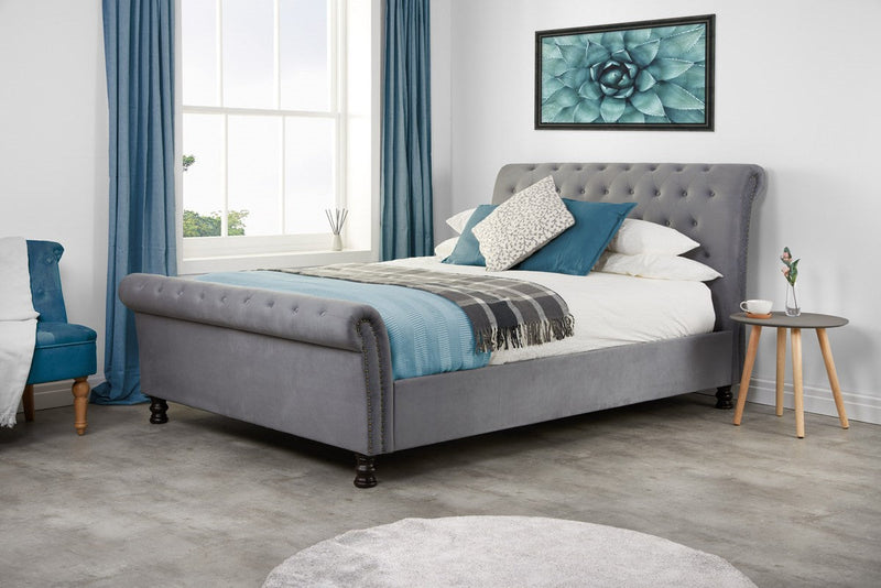 Luxurious Grey Velvet Opulence Chesterfield Sleigh Bed Frame