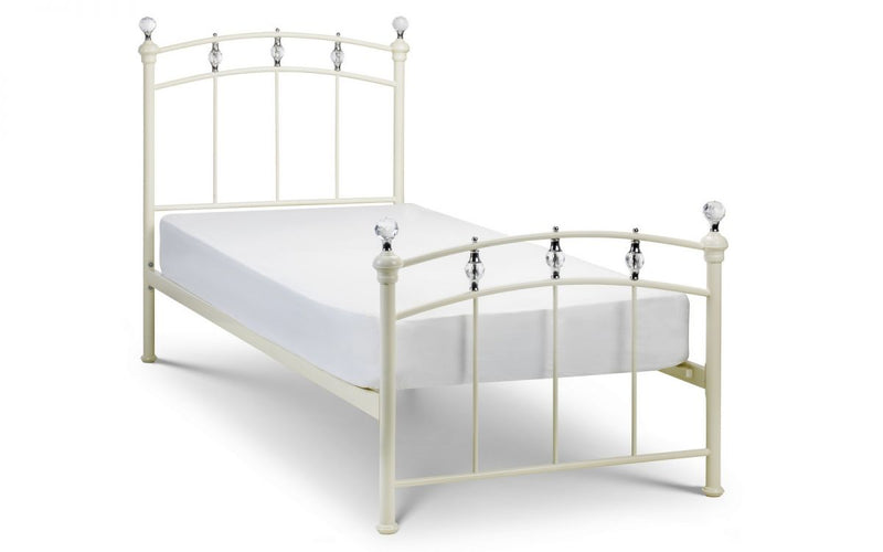 New Glamorous Stone White Metal Bed Frame With Crystal Finials 3FT, 4FT6 OR 5FT