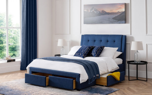 Luxurious Fullerton 4 Drawer Bed Fabric Bed Blue with deep buttoned headboard available in 4FT6, 5FT & 6FT