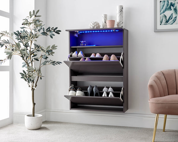 Galicia LED 2 Tier Wall Mounted Shoe Storage Cabinet High Gloss - Two Tiers Fits up to 12 Pairs of Shoes