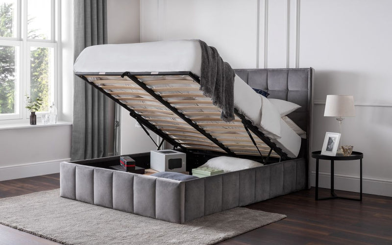 Stylish Elegant Gatsby Storage Ottoman Fabric Bed with winged headboard available in 4FT6 & 5FT