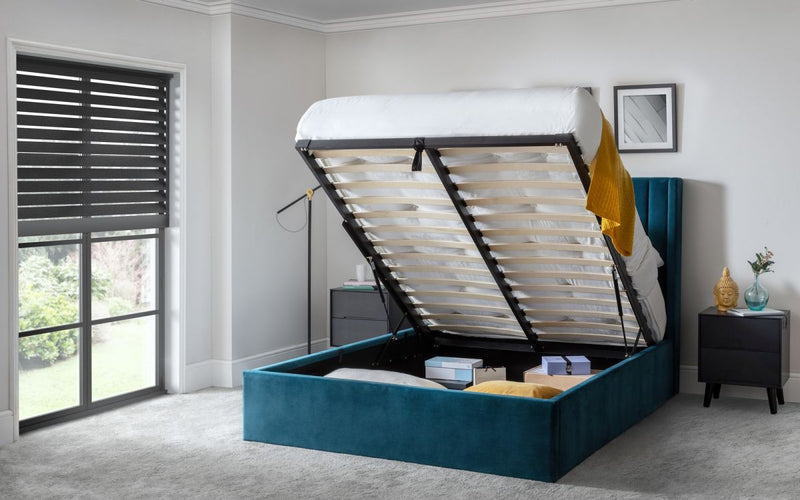 Luxurious Langham Storage End Lift Ottoman Bed available in 4FT6, 5FT & 6FT - Teal & Grey Fabric