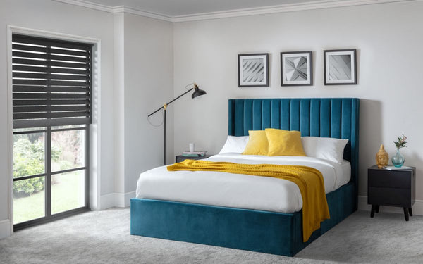 Luxurious Langham Storage End Lift Ottoman Bed available in 4FT6, 5FT & 6FT - Teal & Grey Fabric