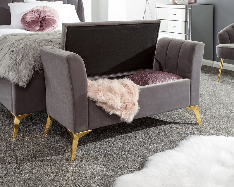 Pettine Plush Velvet Fabric Ottoman Storage Bench With Flared Arms & Angled Gold Legs