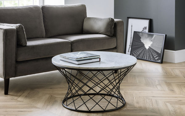 Modern Trevi Real Marble Coffee Table with Black Wire Metal Base