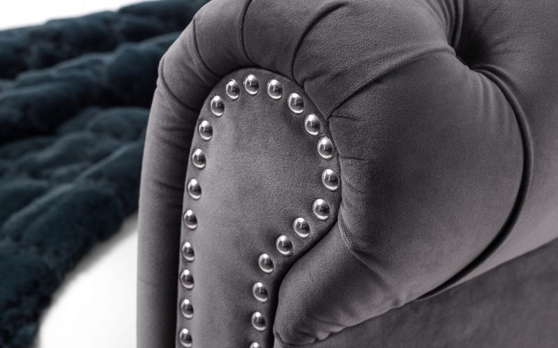 Elegant Studded Valentino Sleigh Bed Frame in a Luxurious Grey Velvet