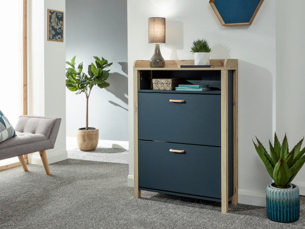 Stylish Berwick Open Top Two Tone Shoe Storage Cabinet With Shelf Ocean Blue Light Grey or White with Light Oak Colour Two Shelves Two Drawers 12 Pair Shoes